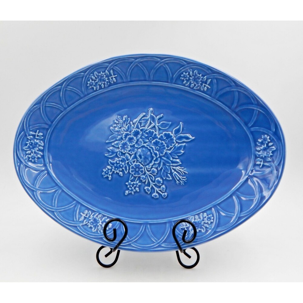 Bordallo Pinheiro Platter Dish Blue Embossed Basket Edge Floral Serving 15 Inch